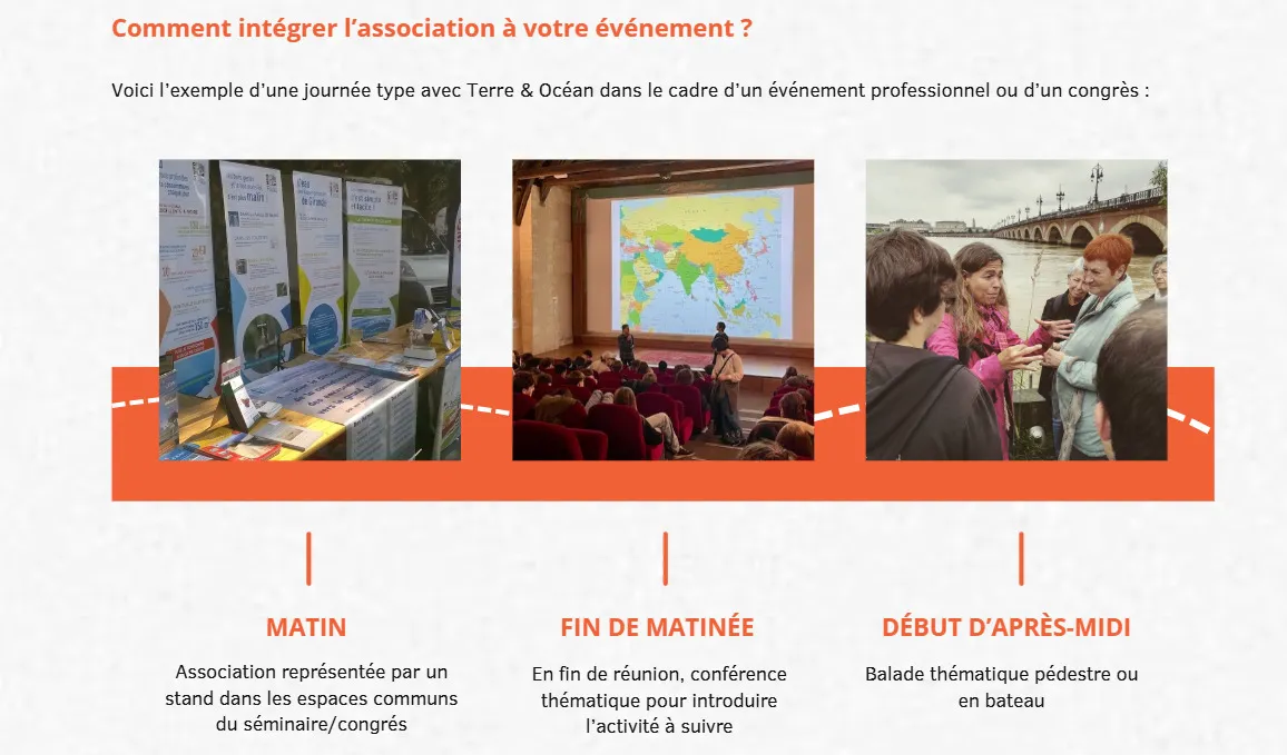 Trois étapes d'une journée type intégrant l'association Terre &amp; Océan à un événement professionnel : le matin avec un stand dans les espaces communs, en fin de matinée avec une conférence thématique, et en début d'après-midi avec une balade pédestre ou en