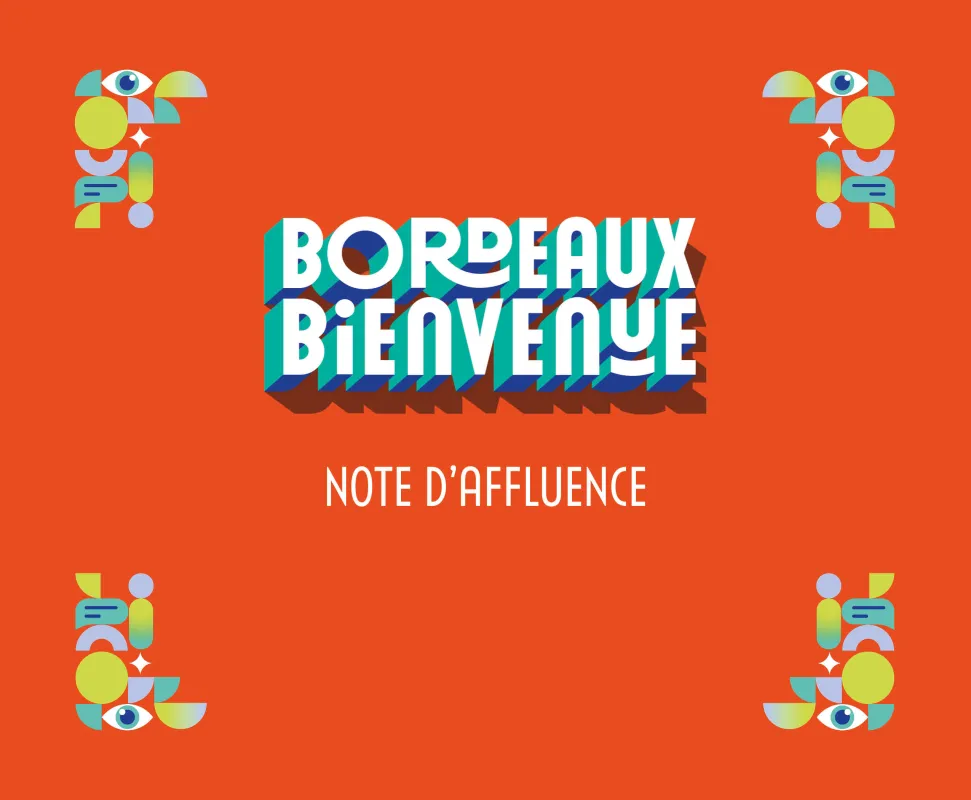 Affiche de bienvenue à Bordeaux avec des éléments géométriques colorés et le texte 'Note d'Affluence' sur fond orange