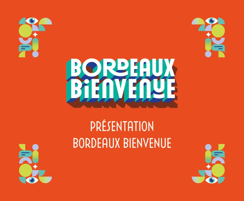 Slide de présentation Bordeaux Bienvenue avec illustration géométrique colorée de bienvenue sur fond orange