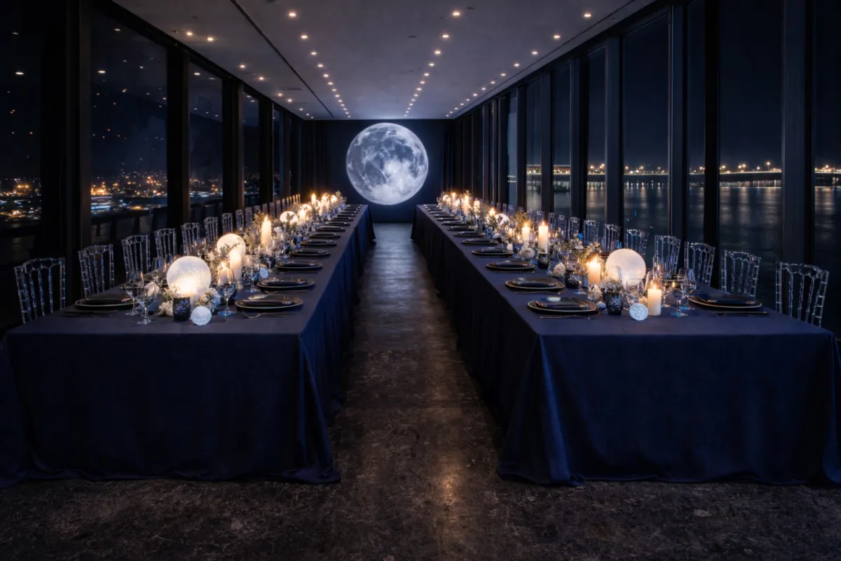 Salle à manger élégante avec deux tables longues dressées pour un dîner formel, une installation lunaire illuminée comme pièce maîtresse, une ambiance aux chandelles et une vue panoramique sur Bordeaux la nuit à travers des baies vitrées.