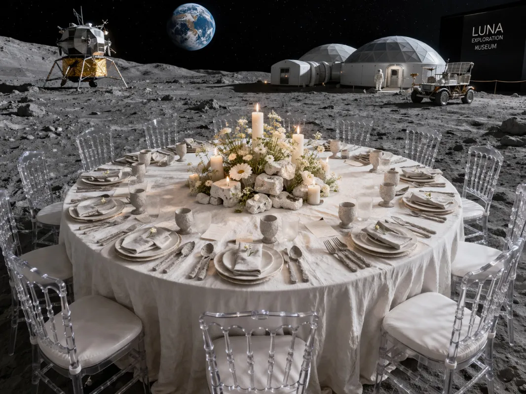 Une table de dîner élégante et formelle dressée sur la surface lunaire avec nappe blanche, couverts et compositions florales, entourée de chaises transparentes, avec des structures de base lunaire, la Terre visible dans le ciel et un rover en arrière-plan