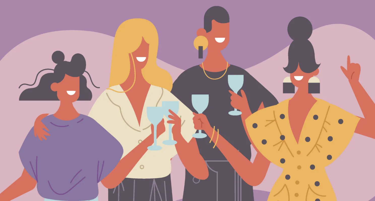 Illustration de cinq femmes diverses célébrant ensemble lors d'une rencontre vinicole, tenant des verres et portant des tenues colorées sur fond violet.