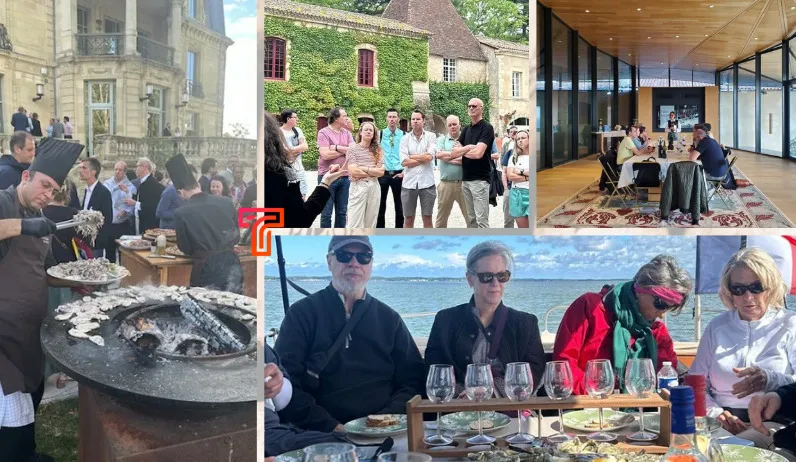 Collage d'événements d'incentive à Bordeaux montrant des rassemblements en plein air dans des lieux historiques, des dégustations de vin en bord de mer et des réunions professionnelles dans des espaces modernes.