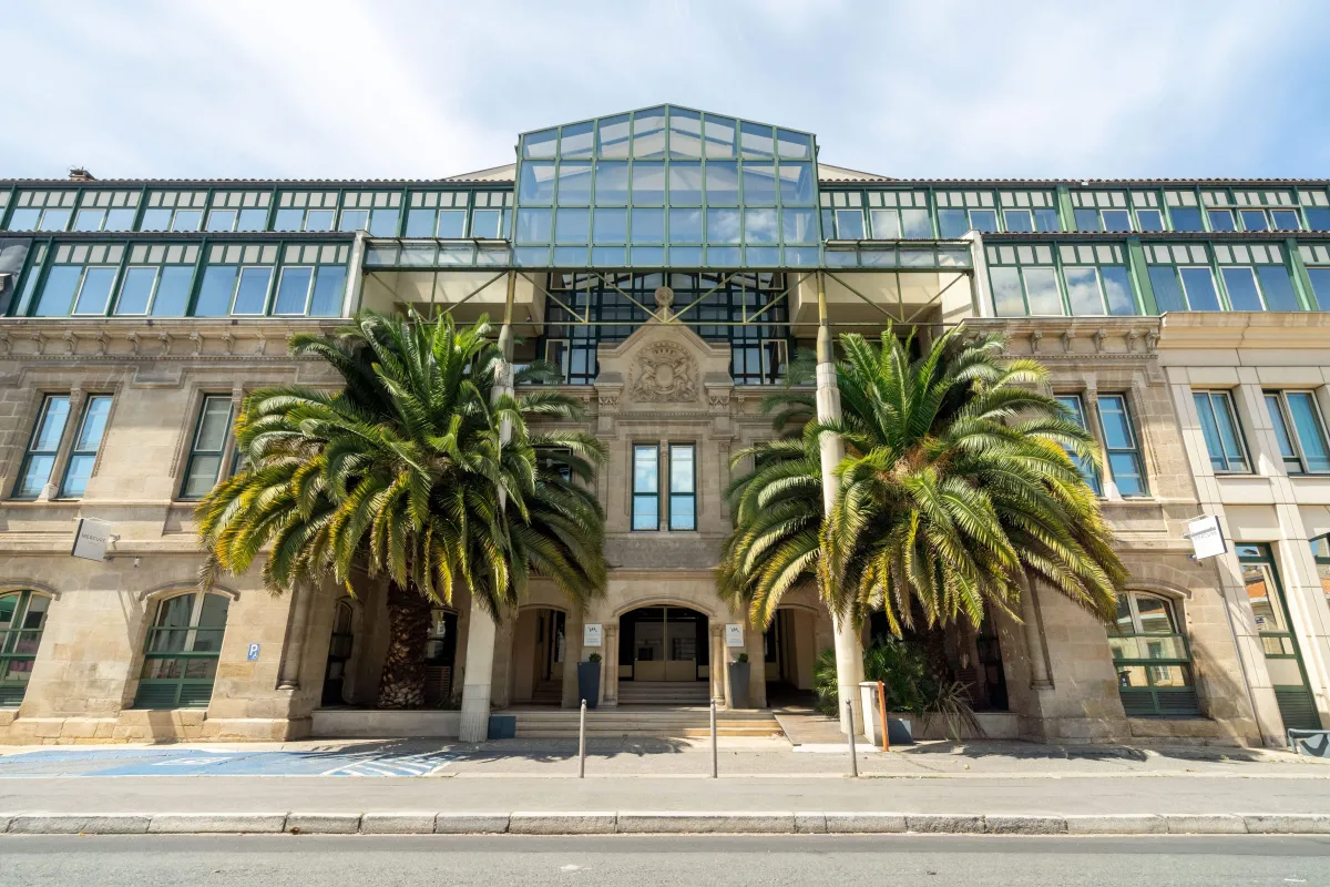 Bâtiment historique en pierre d'architecture néoclassique avec extension de toit en verre moderne, deux grands palmiers encadrant l'entrée et portes en arc à Bordeaux.