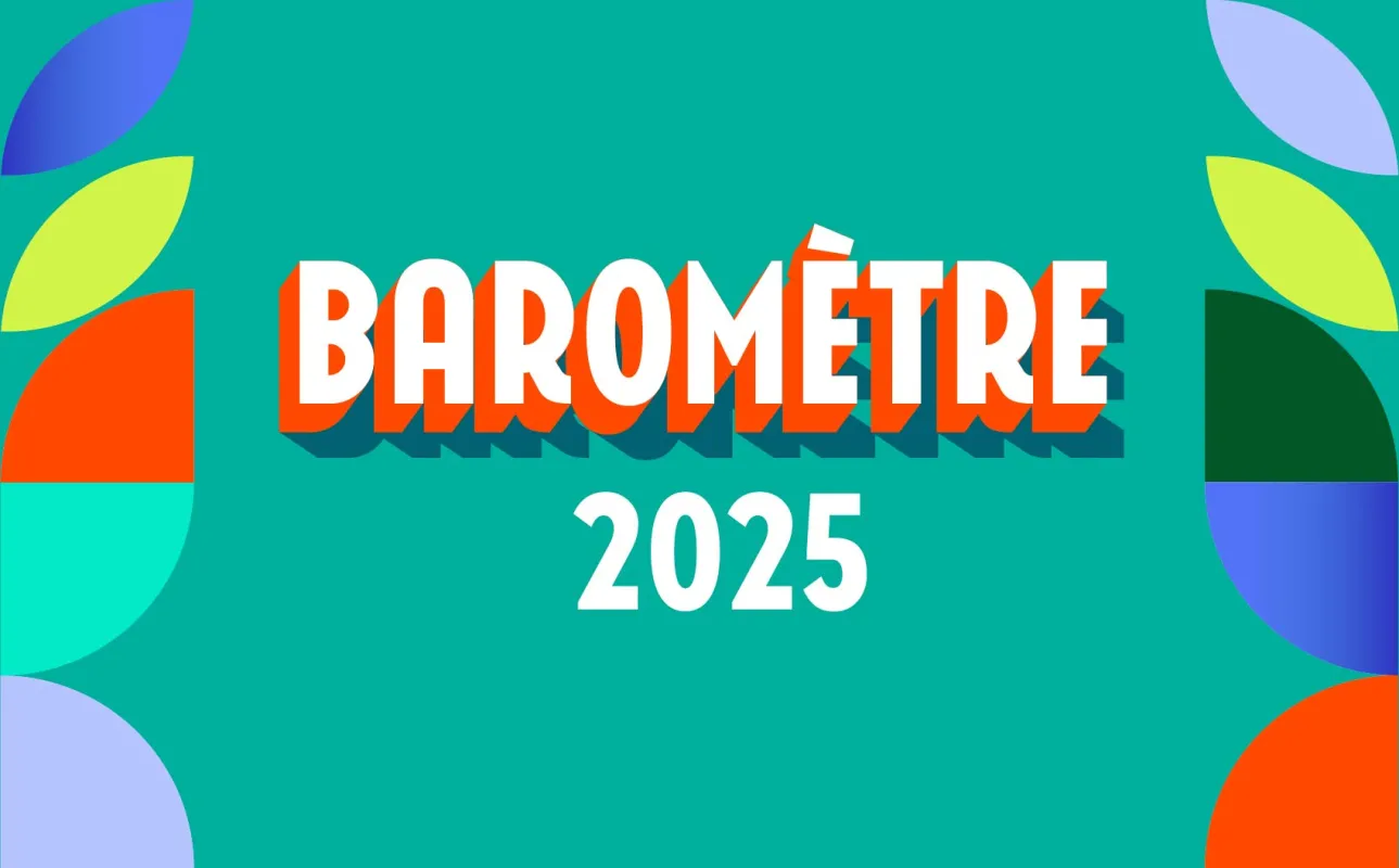 Design graphique coloré présentant le texte 'BAROMÈTRE 2025' sur fond turquoise, orné de formes géométriques décoratives en bleu, jaune, orange, vert et violet.