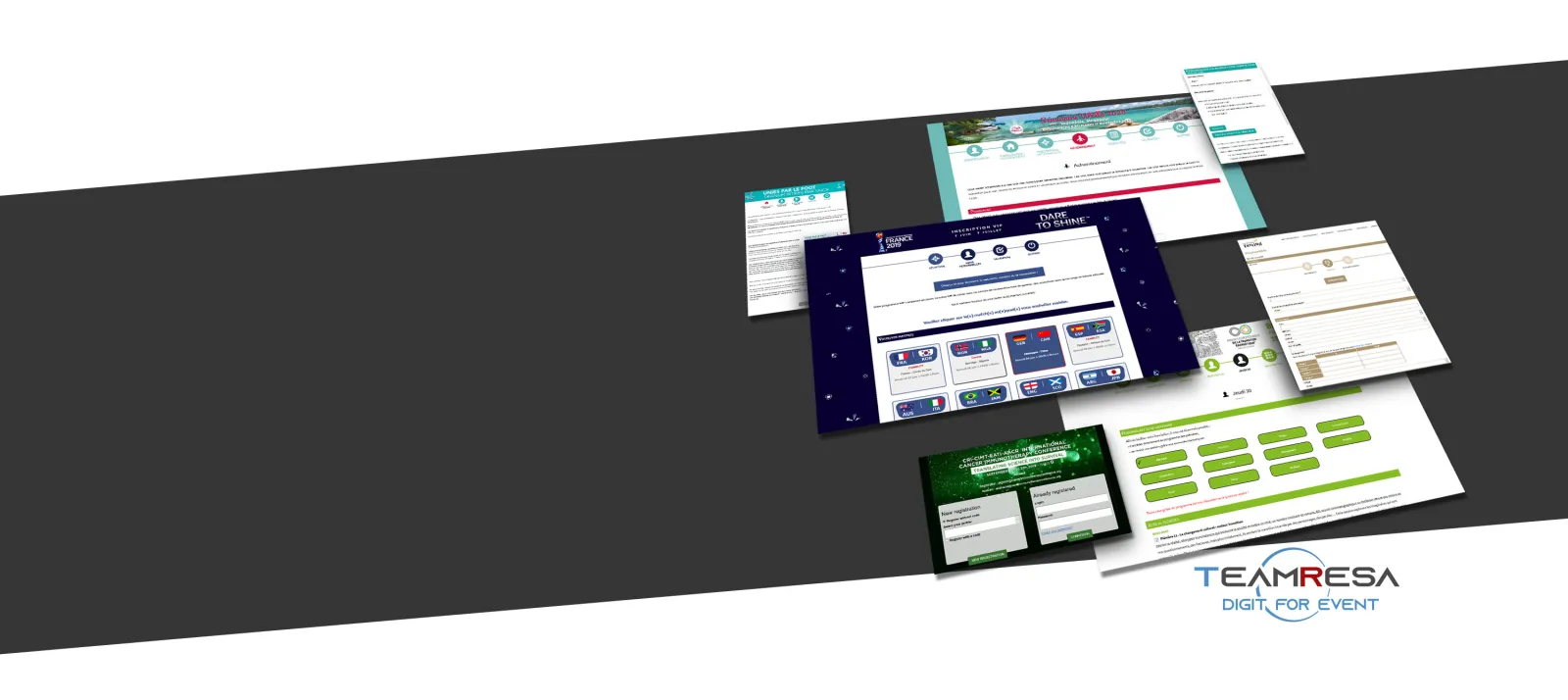 Collection de maquettes de sites web et interfaces numériques pour la plateforme de gestion d'événements TeamResa, présentée en perspective 3D avec plusieurs pages aux palettes turquoise, bleu marine et vert