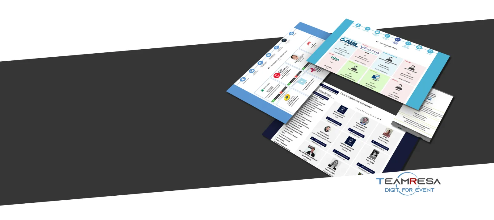 Plusieurs écrans et pages web d'interfaces numériques affichés en perspective, présentant une plateforme complète de gestion d'événements avec profils de participants, outils de planification et fonctionnalités de tableau de bord, marquée du logo TeamResa