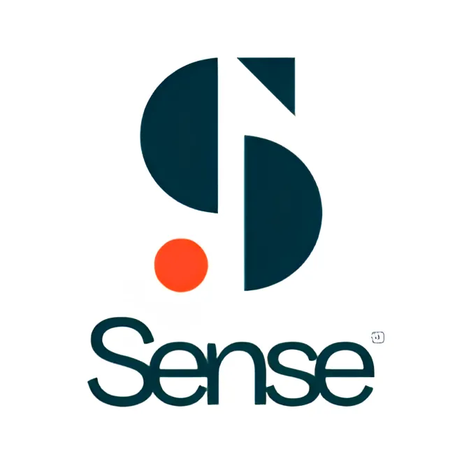 Logo de Sense Agency présentant un 'S' stylisé en bleu canard avec des formes géométriques et un accent de point rouge, représentant Bordeaux