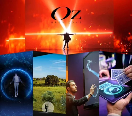 Image composite pour Oz Open Zone Bordeaux montrant une silhouette les bras écartés face à un horizon orange lumineux, entourée de quatre panneaux illustrant l'innovation numérique : sphère de réseau neuronal bleu, paysage naturel, homme interagissant ave