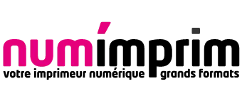 Logo NumImprim - Votre imprimeur numérique pour les grands formats, avec texte rose et noir et un accent géométrique