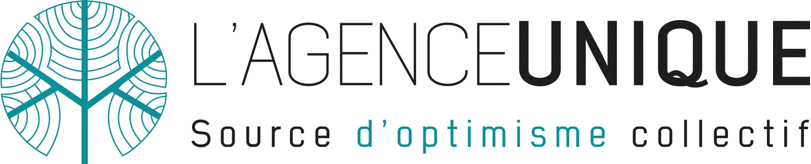 Logo de L'Agence Unique représentant un arbre stylisé aux feuilles turquoise et le texte 'L'AGENCE UNIQUE - Source d'optimisme collectif'