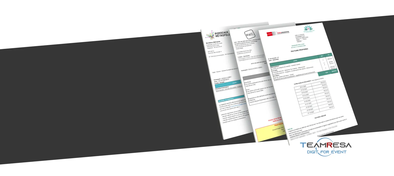 Trois documents professionnels de Bordeaux Métropole et organisations partenaires se chevauchant, présentant des en-têtes, des tableaux et une facture proforma, affichés en perspective avec le logo TeamResa 'Digit for Event' en bas à droite.