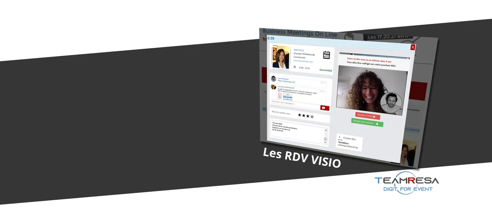 Capture d'écran de la plateforme RDV VISIO affichant l'interface de réunion d'affaires en ligne avec profils de participants, fenêtre d'appel vidéo et options de planification de TeamResa