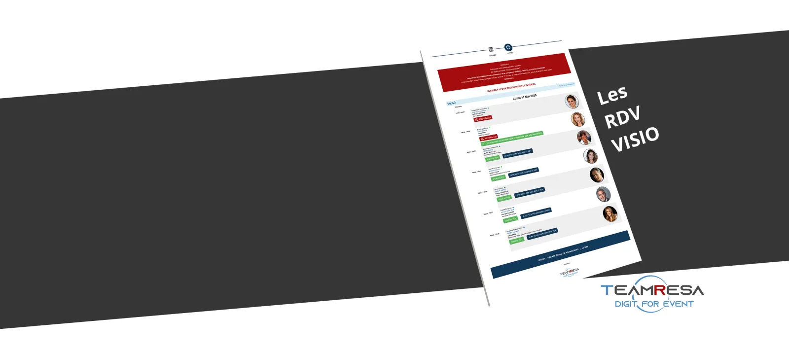 Capture d'écran de l'interface Les RDV Visio affichant une plateforme de planification de vidéoconférences avec liste de participants, indicateurs de statut et branding TeamResa pour les événements de Bordeaux