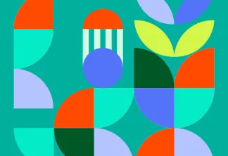 Illustration géométrique colorée représentant des fleurs abstraites et des formes aux couleurs vives. Texte : 'Organiser son événement à impact positif à Bordeaux - Guide pratique en 10 étapes' avec le logo Bordeaux Tourisme & Congrès.