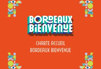 Affiche de la charte d'accueil Bordeaux Bienvenue avec des icônes géométriques colorées et lettrage turquoise sur fond orange