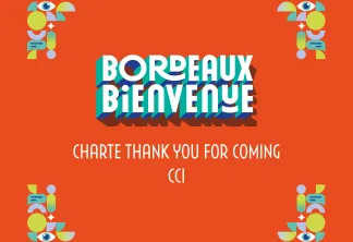 Bannière de bienvenue à Bordeaux avec éléments géométriques colorés et message 'Merci de venir CCI' sur fond orange
