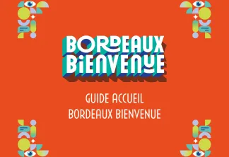 Couverture du guide d'accueil de Bordeaux avec le logo de bienvenue de la ville et des éléments de design géométriques colorés sur fond orange