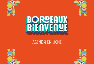 Affiche agenda en ligne Bordeaux Bienvenue avec design géométrique coloré et motifs décoratifs aux coins sur fond orange