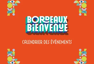 Couverture du calendrier des événements Bordeaux Bienvenue avec des éléments géométriques colorés et des visages abstraits en turquoise, jaune et rose sur fond orange