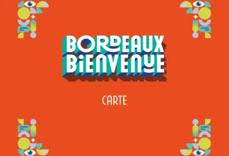 Carte de bienvenue à Bordeaux avec des éléments décoratifs géométriques colorés et le texte 'BORDEAUX BIENVENUE' sur fond orange
