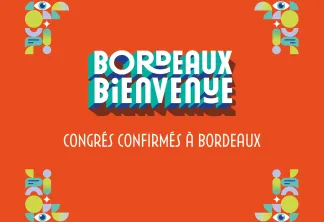 Affiche Bordeaux Bienvenue avec éléments décoratifs géométriques colorés et texte annonçant les congrès confirmés à Bordeaux