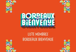 Page d'accueil Bordeaux Bienvenue avec éléments décorés géométriques colorés et texte de liste de membres sur fond orange