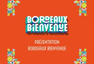 Slide de présentation Bordeaux Bienvenue avec illustration géométrique colorée de bienvenue sur fond orange