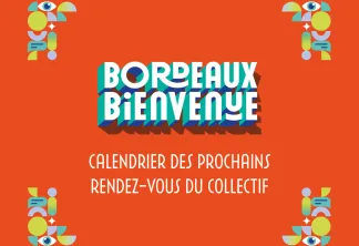 Affiche Bordeaux Bienvenue avec des figures géométriques colorées et texte annonçant le calendrier des prochains rendez-vous du collectif