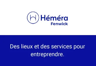 Logo Héméra Fenwick avec le slogan 'Des lieux et des services pour entreprendre' sur fond bleu