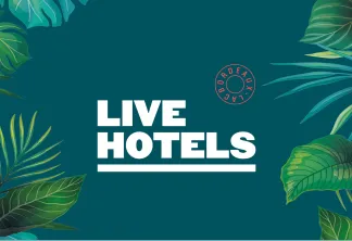 Bannière promotionnelle Live Hotels avec fond bleu-vert, texte blanc 'LIVE HOTELS', logo du Tourisme de Bordeaux, et illustrations florales tropicales décoratives