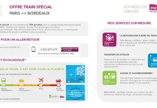 Offre train spécial SNCF Voyages Paris-Bordeaux présentant les tarifs, l'impact écologique comparant les émissions de CO2 du train (17g par voyageur/km) à la voiture (35g) et l'avion (141g), ainsi que les services à bord incluant la restauration, les tran