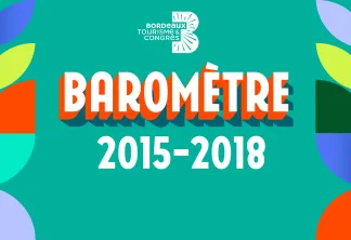 Couverture du baromètre du tourisme et des congrès de Bordeaux 2015-2018, avec des formes géométriques colorées et le logo officiel du tourisme sur fond turquoise.