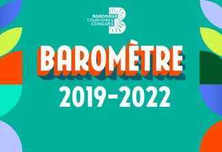 Baromètre Bordeaux Tourisme & Congrès 2019-2022, présentant des formes géométriques colorées et le logo officiel sur fond turquoise