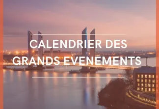 Image promotionnelle du Bureau des Congrès de Bordeaux présentant le panorama de la ville au crépuscule avec pont illuminé et waterfront, annonçant le calendrier des grands événements