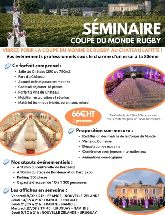 Affiche publicitaire pour un séminaire Coupe du Monde de Rugby au Château Lafite à Bordeaux, présentant les détails de l'événement, le tarif de 66 euros par personne, les équipements, et les dates de diffusion des matchs France, Nouvelle-Zélande, Uruguay 