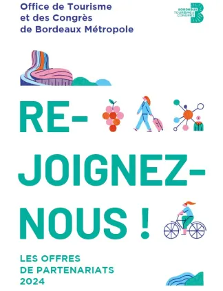 Affiche promotionnelle de l'Office de Tourisme et des Congrès de Bordeaux Métropole invitant à rejoindre les offres de partenariats 2024, avec des icônes colorées représentant le voyage, le tourisme, le cyclisme et le réseautage.
