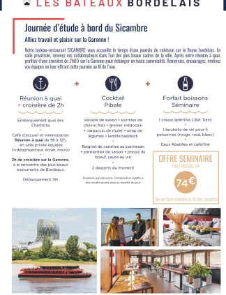 Flyer promotionnel des Bateaux Bordelais proposant une journée d'étude à bord du Sicambre sur la Garonne à Bordeaux, incluant une croisière de 2 heures, un cocktail et des séminaires à 74 euros par personne.