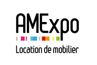 Logo Amexpo avec formes géométriques colorées et texte 'Location de mobilier', entreprise de location de mobilier à Bordeaux