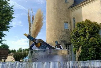 Dégustation de vin avec des verres de vin rouge devant une tour château médiévale, ornée de herbes de la pampa, sous ciel bleu