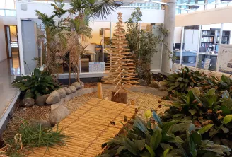 Atrium intérieur présentant un sapin de Noël en bois entouré de plantes tropicales, de chemins en bambou et de décors en pierre, illustrant le design durable du bois dans un bâtiment moderne.