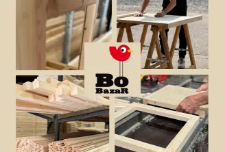 Collage montrant le processus de menuiserie et d'artisanat du mobilier : détail de chaise en bois, personne appliquant une finition sur une surface en bois, composants et matériaux en bois, et main finissant un cadre en bois avec une teinture foncée