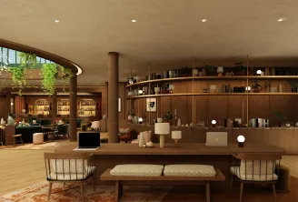Hall d'accueil du luxe moderne avec boiseries chaleureuses, mobilier contemporain, grand bureau en bois avec ordinateur portable, éclairage suspendu, rangements intégrés décorés et espaces de détente aux coussins géométriques
