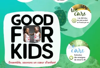 Campagne d'engagement environnemental 'Good For Kids' du Novotel Bordeaux Mérignac présentant des pratiques durables : réduction de consommation d'énergie, production de miel, programmes pédagogiques, réduction des plastiques et tri sélectif, avec certifi