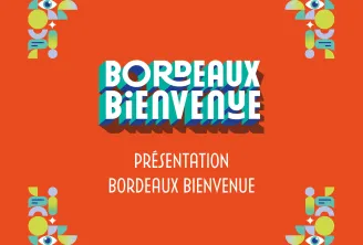 Slide de présentation Bordeaux Bienvenue avec illustration géométrique colorée de bienvenue sur fond orange