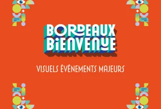 Logo Bordeaux Bienvenue avec des formes géométriques colorées et des yeux, annonçant les visuels des événements majeurs de la ville de Bordeaux sur fond orange