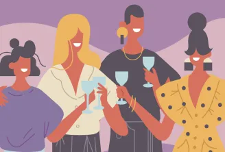 Illustration de cinq femmes diverses célébrant ensemble lors d'une rencontre vinicole, tenant des verres et portant des tenues colorées sur fond violet.