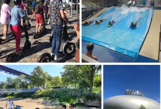 Collage de quatre activités en plein air à Bordeaux : visite guidée en trottinette électrique sur une rue ensoleillée, parc aquatique couvert avec toboggan gonflable, location de jet-skis sur la Garonne en famille, et bâtiment moderne en dôme avec aménage