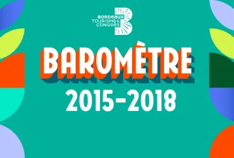 Couverture du baromètre du tourisme et des congrès de Bordeaux 2015-2018, avec des formes géométriques colorées et le logo officiel du tourisme sur fond turquoise.