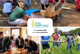 Collage de quatre images présentant les activités de team-building XXL Happyness : jeu en plein air avec boîte en carton, atelier créatif en intérieur, compétition de tir à la corde, et logo de l'entreprise avec le slogan 'Nos activités RSE pour vos événe